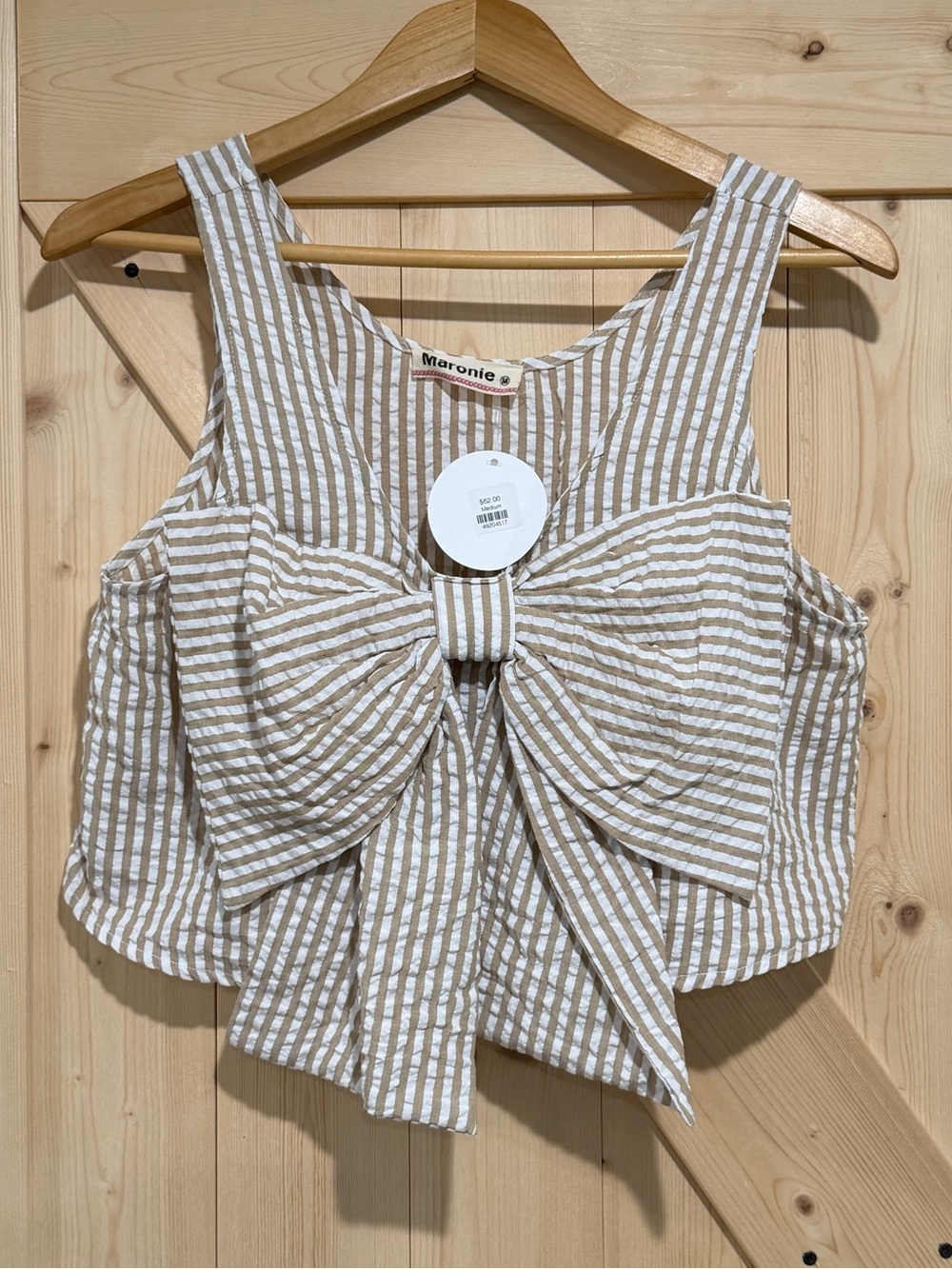 NWT Maronie Beige Stripe Bow Front Crop Top, size medium